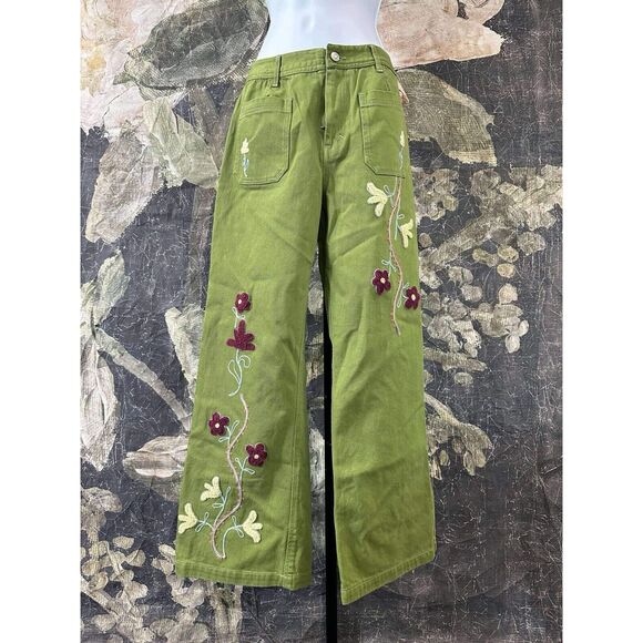 New We The Free Wide Leg Army Green Winter Bloom Embroidered Floral Jeans Sz 24 - Picture 8 of 9